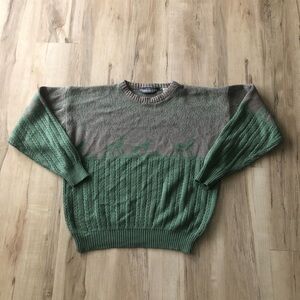 Vintage Knit Deer Print Green and Grey Men's Sweater